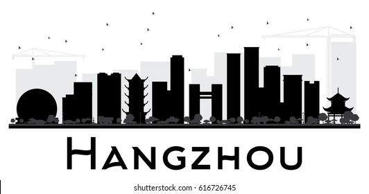Hangzhou City skyline black and white silhouette. Vector illustration. Simple flat concept for tourism presentation, banner, placard or web site. Cityscape with landmarks.