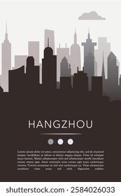 Hangzhou city template for website, presentation, front page, invitation, publication sheet with skyline, landmarks. Vector China image layout, simple and grayscale