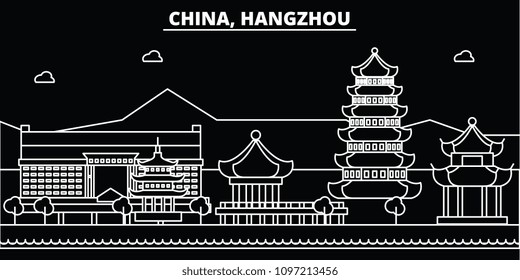 Hangzhou silhouette skyline. China - Hangzhou vector city, chinese linear architecture, buildings. Hangzhou travel illustration, outline landmarks. China flat icons, chinese line banner