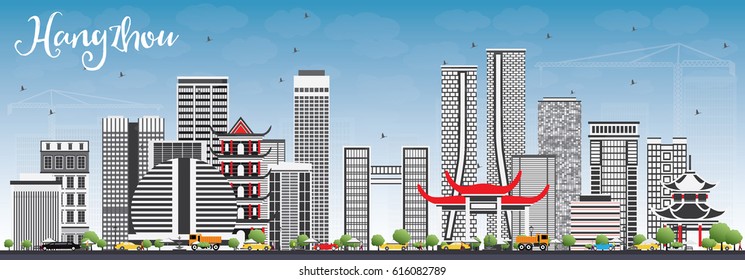 Hangzhou Skyline with Gray Buildings and Blue Sky. Vector Illustration. Business Travel and Tourism Concept with Modern Architecture. Image for Presentation Banner Placard and Web Site.