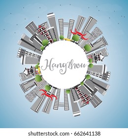 Hangzhou Skyline with Gray Buildings, Blue Sky and Copy Space. Vector Illustration. Business Travel and Tourism Concept with Modern Architecture. Image for Presentation Banner Placard and Web Site.