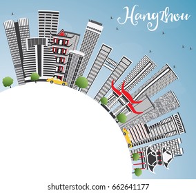 Hangzhou Skyline with Gray Buildings, Blue Sky and Copy Space. Vector Illustration. Business Travel and Tourism Concept with Modern Architecture. Image for Presentation Banner Placard and Web Site.