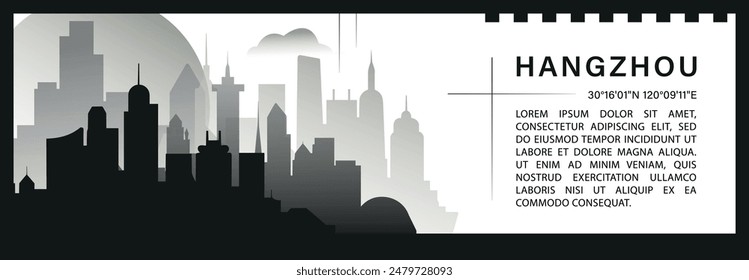 Hangzhou skyline vector banner, black and white minimalistic cityscape silhouette. China city horizontal graphic, travel infographic, monochrome layout for website