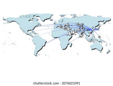 Hangzhou-China in concept vector illustration, map showing flights from Hangzhou-China to major cities around the world.