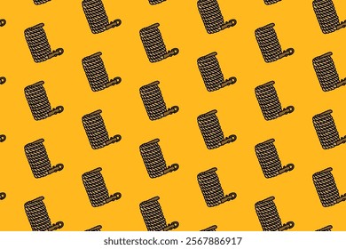 hank of rope with steel hanger colorful doodle seamless pattern on yellow background. retro skein of cord background. hank of rope pattern wallpaper. pattern background with kernmantle for adventure