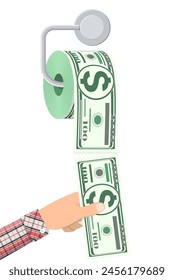 Hank of toilet paper dollar money. Garbage waste investment. Losing or wasting money, overspending, bankruptcy or crisis. Vector illustration in flat style