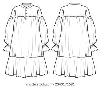 Hanley Neck Bishop Sleeve Gathered Tiered Loose Fit Short Dress Front and Back View. Fashion Illustration, Vector, CAD, Technical Drawing, Flat Drawing, Template, Mockup.