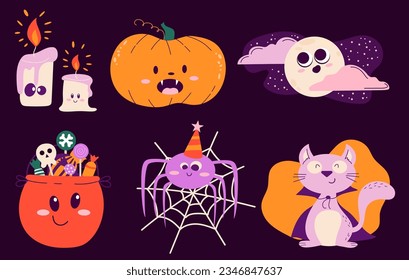 Hanndrawn collection of  cute Halloween characters with emotions. Vector mascot set cat, pumpkin, candles, moon, spider.