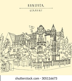 Hannover, Germany, Europe. List district. Vector illustration. Art Nouveau historical building, trees. Freehand drawing. Quality travel sketch. Vintage postcard with "Hanover, Germany" hand lettering