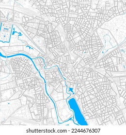 Hannover, Lower Saxony, Germany high resolution vector map with editable paths. Bright outlines for main roads. Use it for any printed and digital background. Blue shapes and lines for water.