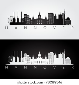 Hannover skyline and landmarks silhouette, black and white design, vector illustration.