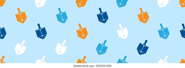 Hannuka, dreidel icon on a seamless banner. Jewish board game.