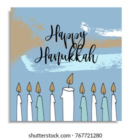 Hannukah greeting card with hand drawn candles from menorah candleholder. Vector illustration, artistic background with various brush strokes.