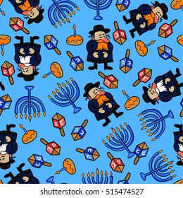 Hannukah, jewish winter holiday of light, traditional symbols in vector festive pattern. rabbi, menorah, dreidel, donuts, happy allover pattern.