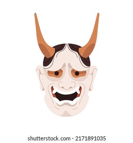 Hannya, japanischer Teufel noh Maske von Japan Kabuki Theater. Dämonen sind mit wütenden Emotionen konfrontiert, Hörner, Fangzähne, Zähne. Traditioneller asiatischer Theater-Kopf. Flache Vektorgrafik einzeln auf weißem Hintergrund