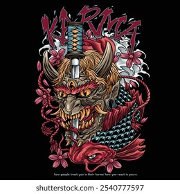 Hannya Katana has a knife stuck from the forehead through to the mouth, there is a fish at the bottom, and is surrounded by a rope with flowers.