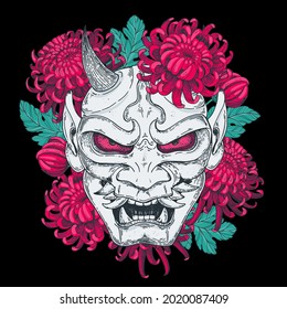 Hannya Maske mit Chrysanthemum Blumen handgezeichnet Vektorgrafik. Traditioneller japanischer Dämon. Tattoo drucken. Handgezeichnete Illustration für T-Shirt-Druck, Stoff und andere Verwendungszwecke.