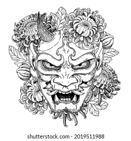 Hannya mask with chrysanthemum flowers sketch, hand drawn vector illustration. Traditional japanese demon. Tattoo print. Hand drawn illustration for t-shirt print, fabric and other uses.