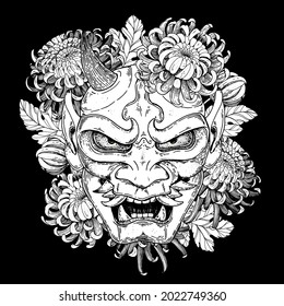 Hannya mask with chrysanthemum flowers sketch, hand drawn vector illustration. Traditional japanese demon. Tattoo print. Hand drawn illustration for t-shirt print, fabric and other uses.