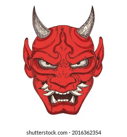 Hannya mask hand drawn vector illustration. Traditional japanese demon. Tattoo print. Hand drawn illustration for t-shirt print, fabric and other uses. 