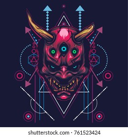 Hannya Mask Illustration in sacred geometric style 