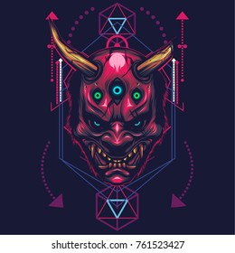 Hannya Mask Illustration in sacred geometric style 