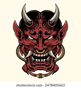 Hannya Máscara Japonesa Oni Diablo Oriental Horror Art Grunge Antiguas Ilustración de la vieja escuela, onni máscara color rojo