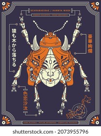 Hannya mask mechanical beetle vector illustration. On the left we have a Japanese proverb "even monkeys fall from trees" and "romantic affair". On the right "luxurious and gorgeous".