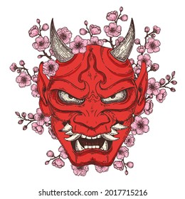 Hannya Maske mit Sakurarenblumen handgezeichnet Vektorgrafik. Traditioneller japanischer Dämon. Tattoo drucken. Handgezeichnete Illustration für T-Shirt-Druck, Stoff und andere Verwendungszwecke.