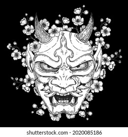 Hannya mask with sakura flowers hand drawn vector illustration. Traditional japanese demon. Tattoo print. Hand drawn sketch illustration for t-shirt print, fabric and other uses.