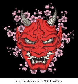 Hannya mask with sakura flowers hand drawn vector illustration. Traditional japanese demon. Tattoo print. Hand drawn illustration for t-shirt print, fabric and other uses.