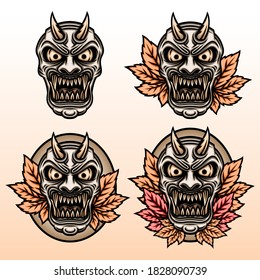Hannya mask set vector with maple leaf illustration. Angry demon japanese mask