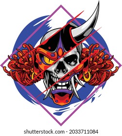 hannya mask and skull illustration with japanese style drawing