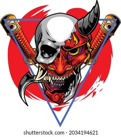 Hannya mask and skull illustration with japanese drawing style 