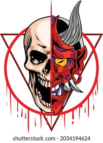 Hannya mask and skull illustration with japanese drawing style 