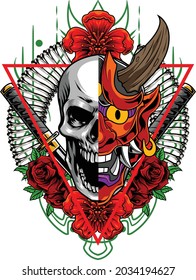 Hannya mask and skull illustration with japanese drawing style 