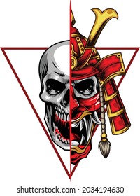 Hannya mask and skull illustration with japanese drawing style 