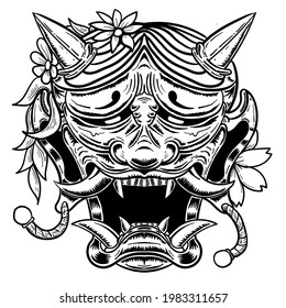 Hannya mask with transparent fill hand drawing illustration, best for mark, cover, tatoo