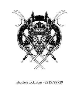 Hannya Oni Japan mask in a battle helmet on the background of samurai swords. Japanese fantasy demon. Illustrations for t shirt print. Black tattoo. Poster in Oriental style for design.