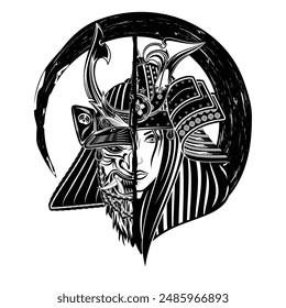 Máscara de Hannya Oni Japón. Demonio de fantasía japonés y chica en un casco de samurai. Hombre lobo hembra. Ilustraciones para estampado de camiseta. Tatuaje negro. Cartel en estilo oriental para el diseño.