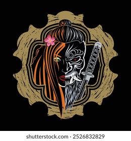 Hannya Oni Japan mask. Japanese fantasy demon and girl in a samurai helmet. Female werewolf. Illustrations for t shirt print. Black tattoo. Poster in Oriental style for design.