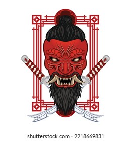 Hannya Oni Japan mask with the samurai sword. Japanese fantasy demon. Katana. Illustrations for t shirt print. Color tattoo. Poster in Oriental style for design.