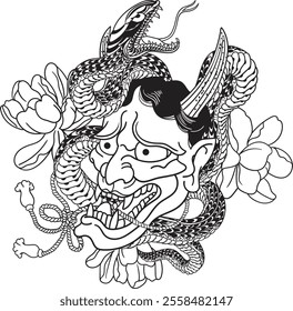 Hannya and the Snake reflects the headmaster’s unique style, symbolizing transformation, inner emotions, and strength through bold imagery and vivid themes.