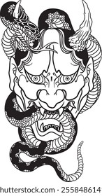 Hannya and the Snake reflects the headmaster’s unique style, symbolizing transformation, inner turmoil, and strength through vivid, bold imagery.