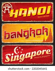 Hanoi, Bangkok, Singapore City Travel Plates And Luggage Tags, Vector Stickers. Vietnam, Thailand, Singapore Tin Signs With Asian Capital Flag And City Landmarks, Travel Plates And Grunge Stickers