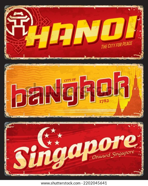 Hanoi, Bangkok, Singapore city travel plates and\
luggage tags, vector stickers. Vietnam, Thailand, Singapore tin\
signs with Asian capital flag and city landmarks, travel plates and\
grunge stickers