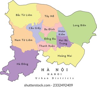 Hanoi (Hà Nội) capital city of Vietnam administrative divisions map by Urban Districts. Clored. Vectored. Bright colors