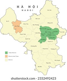 Hanoi (Hà Nội) capital city of Vietnam administrative divisions map. Clored. Vectored. Types of districts