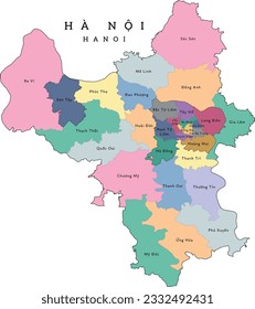 Mapa de divisiones administrativas de la capital Hanoi (Hà Noi). Clorizado. Vectado. Colores de crema