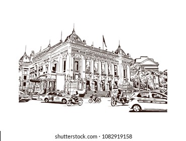 Hanoi, Capital of Vietnam. Hand drawn sketch illustration in vector.